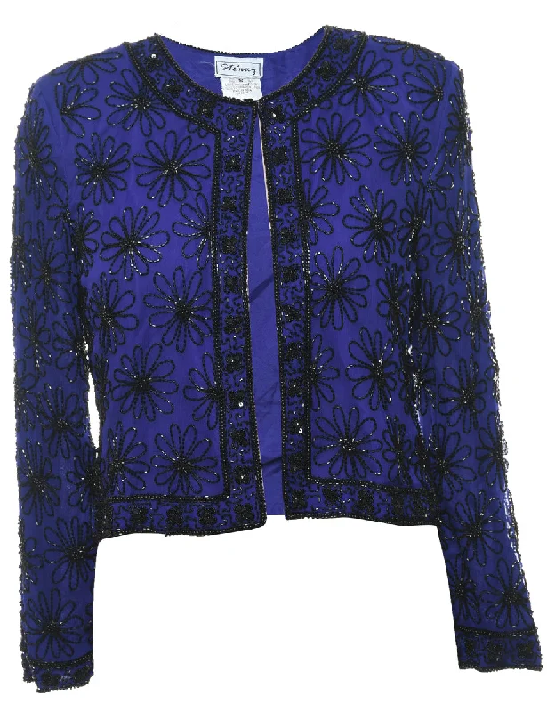 Silk Blue & Black Floral Beaded Evening Jacket - S Quilted Jacket Puffer Jacket Insulated Jacket