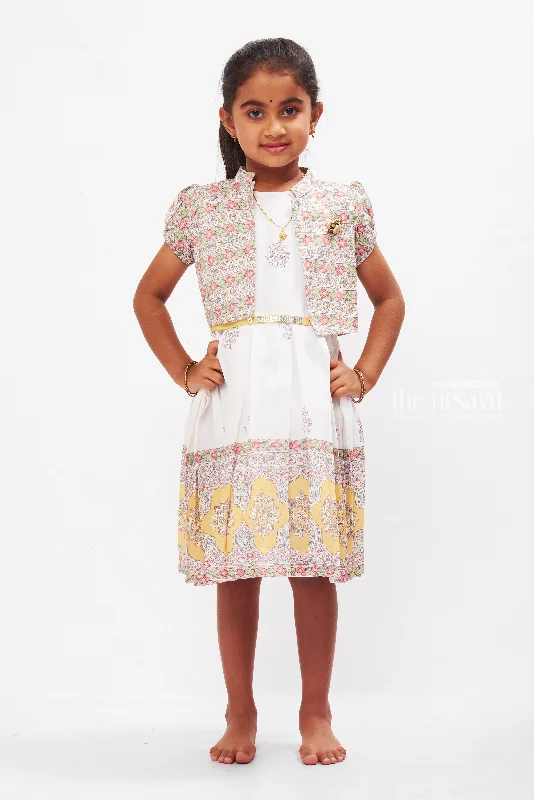 Vintage Floral Tapestry Cotton Frock with Jacket for Girls Ribbed Jacket Pleated Jacket Ruffled Jacket