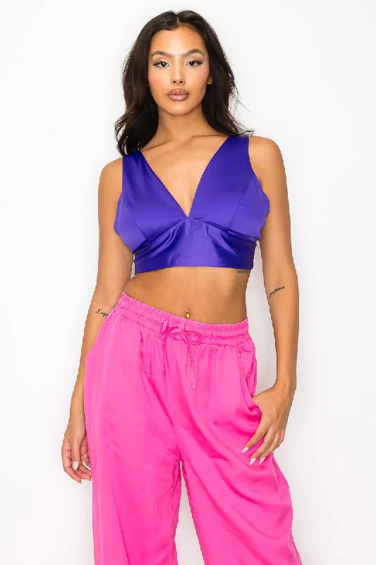 Stacy Purple Satin Bra Crop Top Handmade Hand-knitted Hand-woven