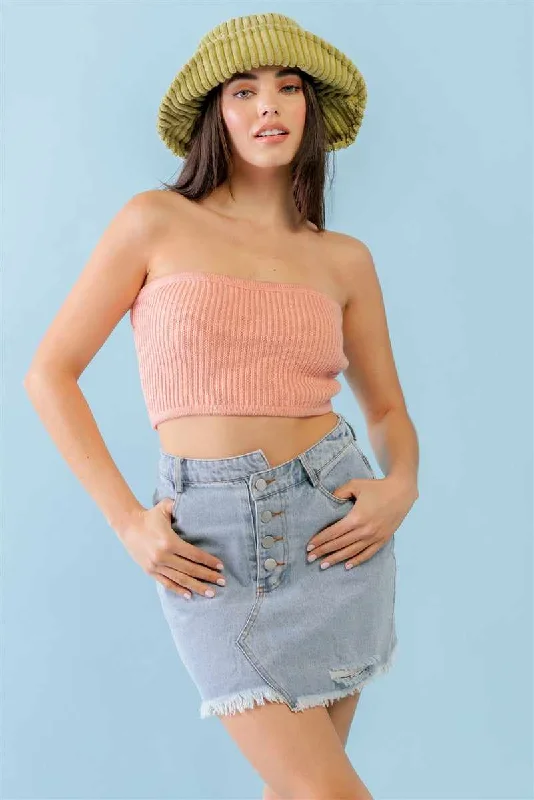 Dusty Peach Knit Strapless Crop Top Silk Blend Satin Velvet