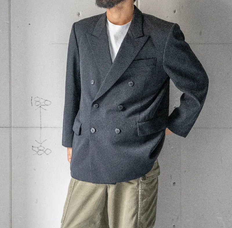1980-90s Japan vintage black wool double breasted tailored jacket Herringbone Jacket Houndstooth Jacket Plaid Jacket