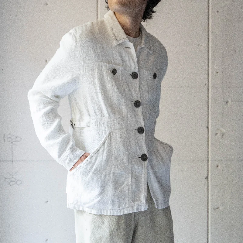 around 1980s off white color linen jacket -with side adjuster- Belted Jacket Elasticated Jacket Padded Jacket