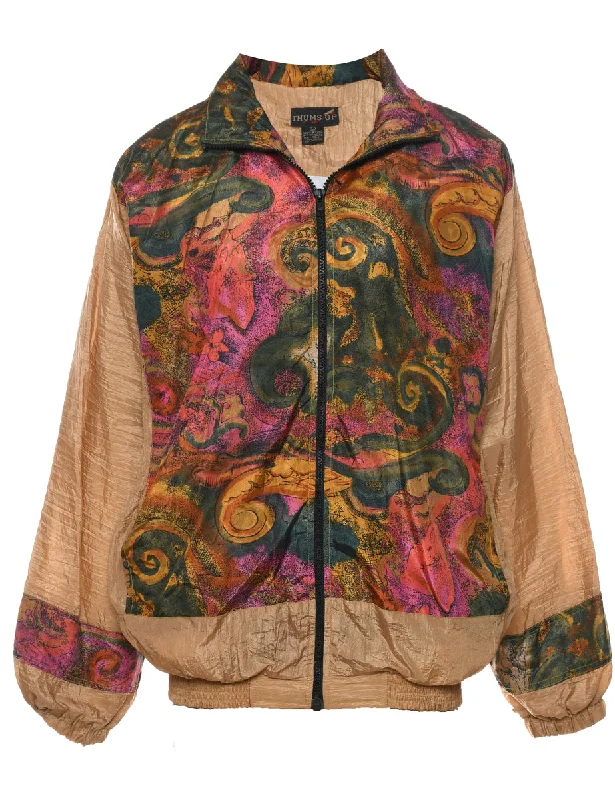 Abstract Pattern 1990s Zip-Front Nylon Jacket - L Elasticated Jacket Padded Jacket Insulated Jacket