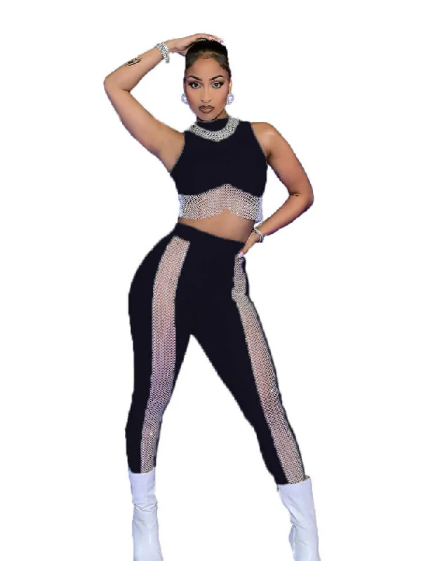 Mock Neck Crop Top & Mesh Pants Lace Blend Ribbed Blend Corduroy Blend