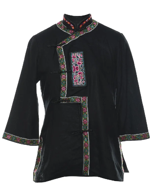 Floral Pattern Black, Green & Pink Embroidered Jacket - M Hoodie Zip-Up Jacket Button-Up Jacket