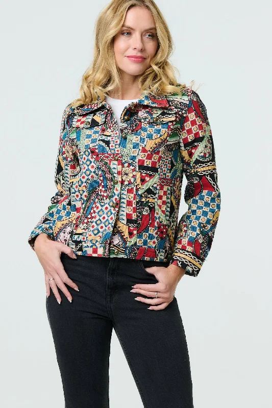 Abstract Print Cropped Collared Jacket Striped Jacket Polka Dot Jacket Floral Jacket