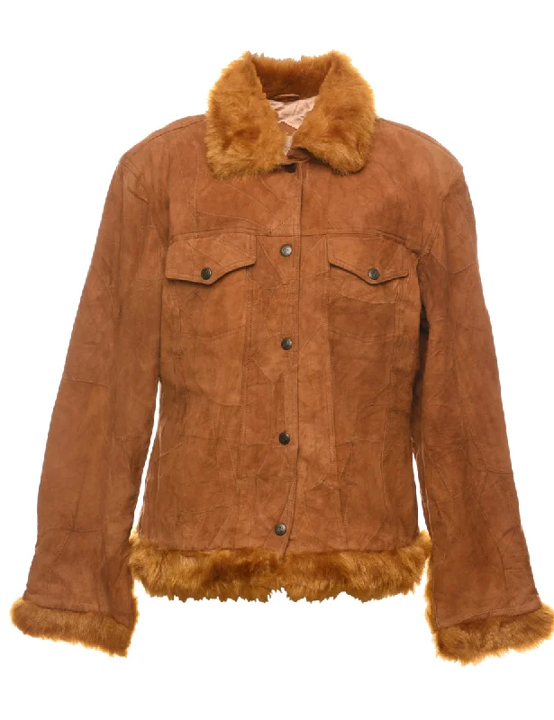 Brown Suede Trim Jacket - L One-Shoulder Jacket Off-the-Shoulder Jacket Asymmetrical Jacket
