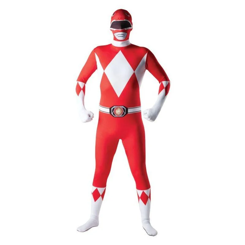 Adult Red Power Ranger Mighty Morphin 2nd Skin Fancy Dress Bodysuit Mens Elegant Button-Up Bodysuit