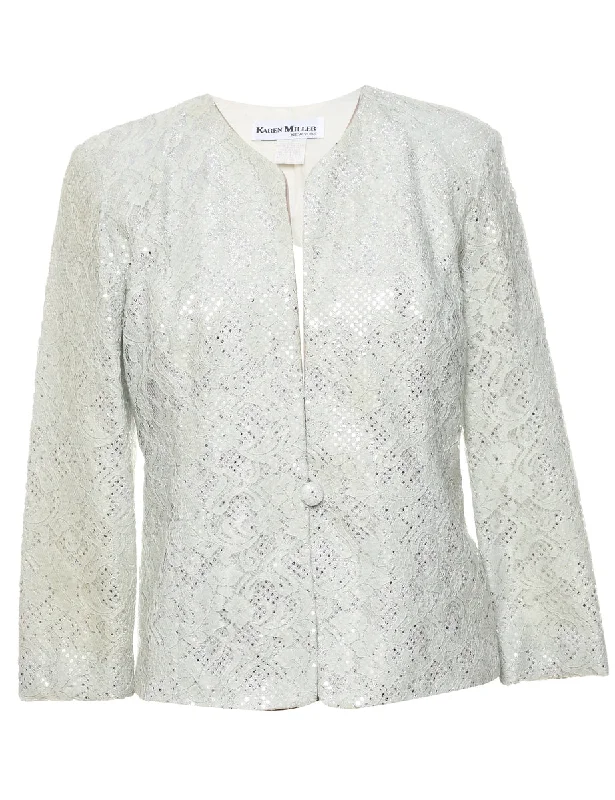 Lurex Thread Pattern White Lace Evening Jacket - M Satin Jacket Silk Jacket Chiffon Jacket