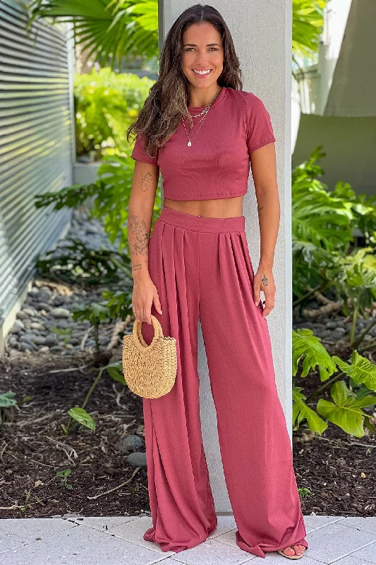Dark Rose Crop Top And Pants Set Real Fur Shearling Chenille