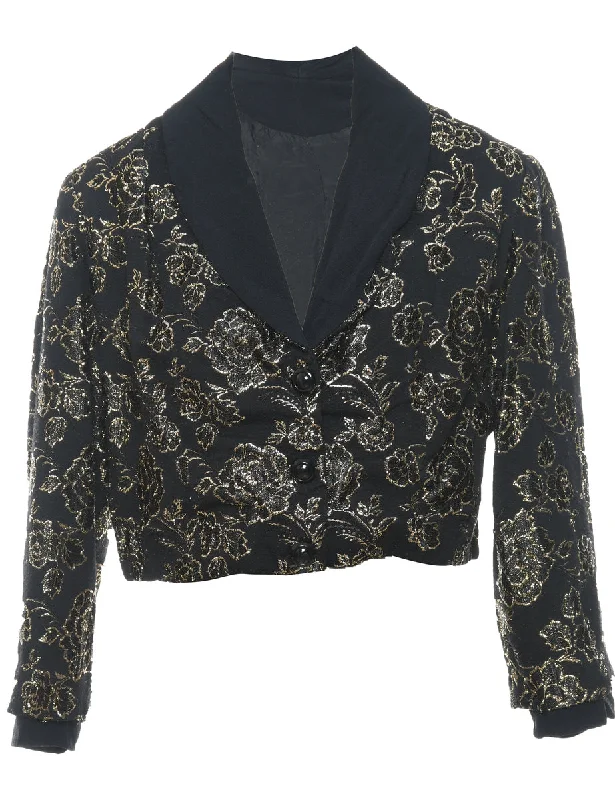 Floral Design Black & Gold Floral Lurex Jacket - L Knit Jacket Woven Jacket Fleece Jacket