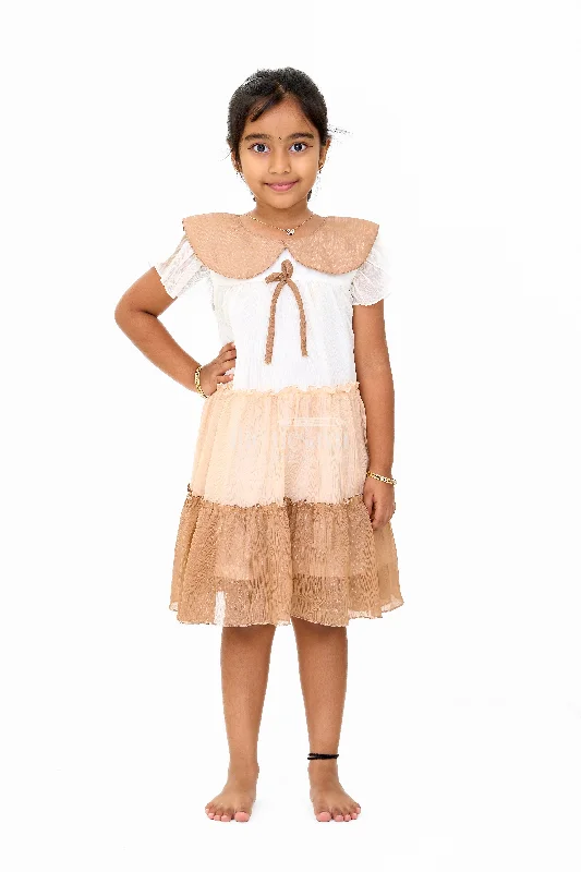 Girls Fancy Gown Party Wear with Brown Tiered Skirt and Oversized Collar denim skirt casual