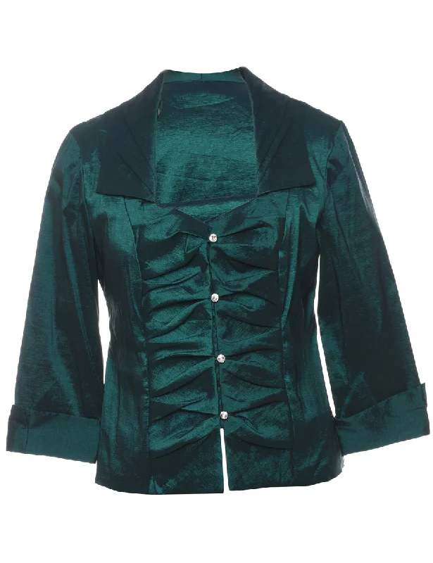 Dark Green Metallic Button-Front Evening Jacket - M Anorak Shell Jacket Lightweight Jacket