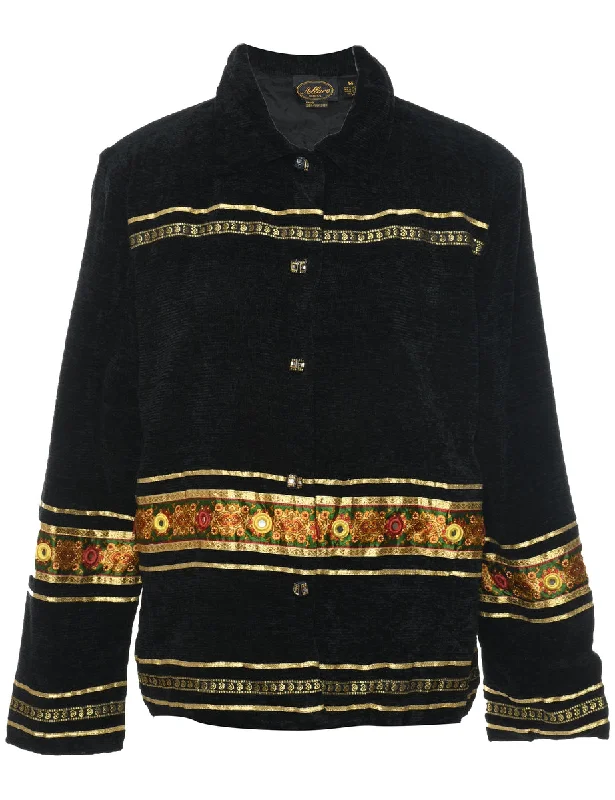 Button Front Black & Gold Embroidered Jacket - M Wool Jacket Cashmere Jacket Tweed Jacket
