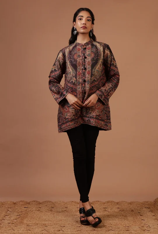 Black & Multicolor Kani Embroidered Short Jacket Stand-Up Collar Roll-Neck Collar Turtle Neck