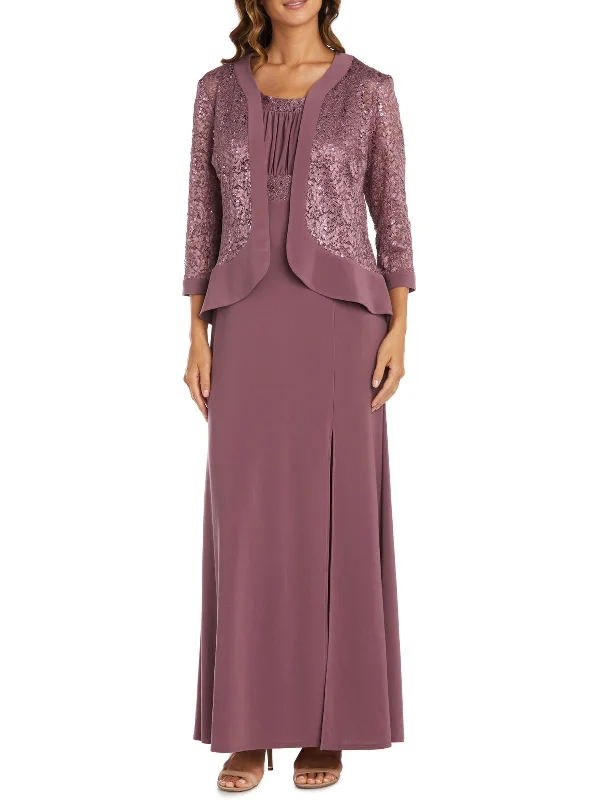 Womens 2PC Sequined Dress With Jacket V-Neck Jacket Boat Neck Jacket Square Neck Jacket