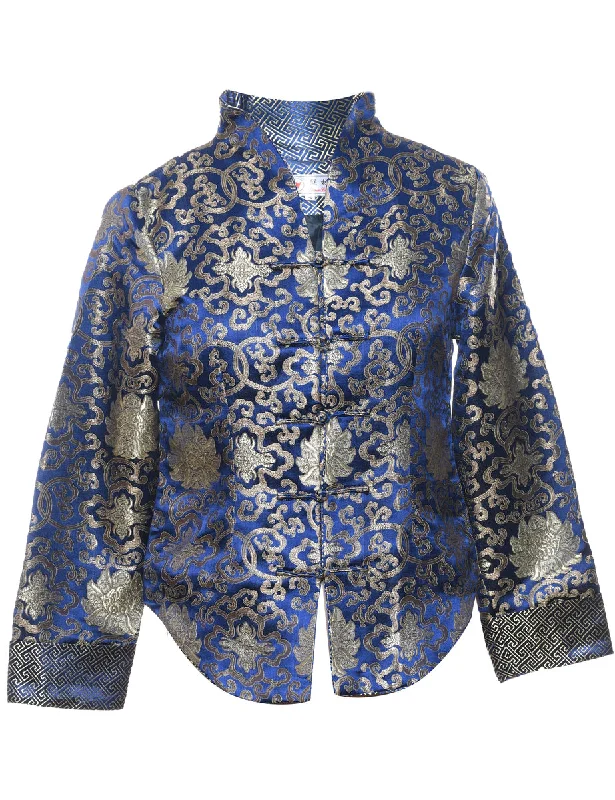 Brocade Navy & Silver Traditional Evening Jacket - S Embroidered Jacket Appliqued Jacket Beaded Jacket
