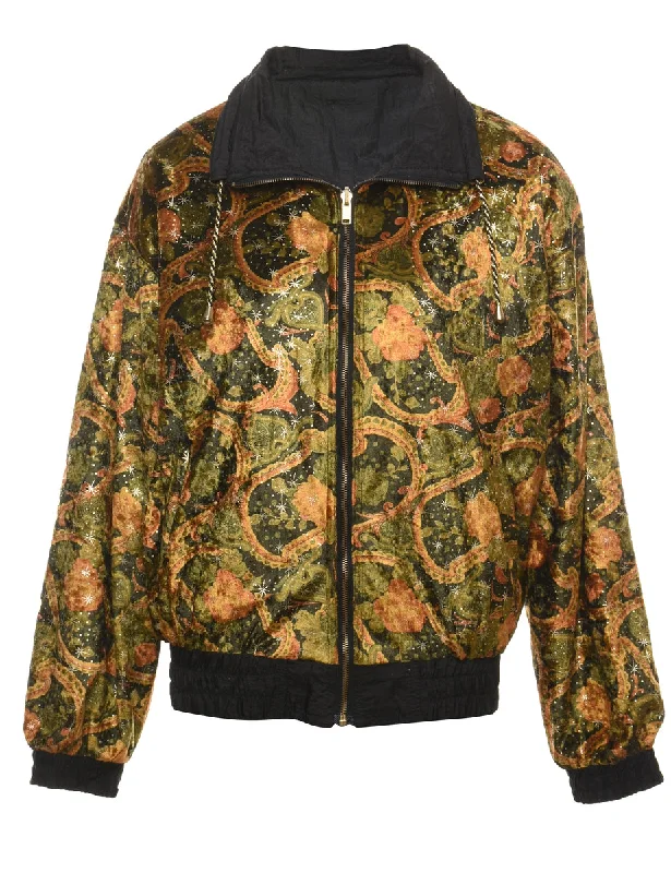Floral & Paisley Pattern Orange & Green Nylon Jacket - L Zippered Jacket Buttoned Jacket Snapped Jacket
