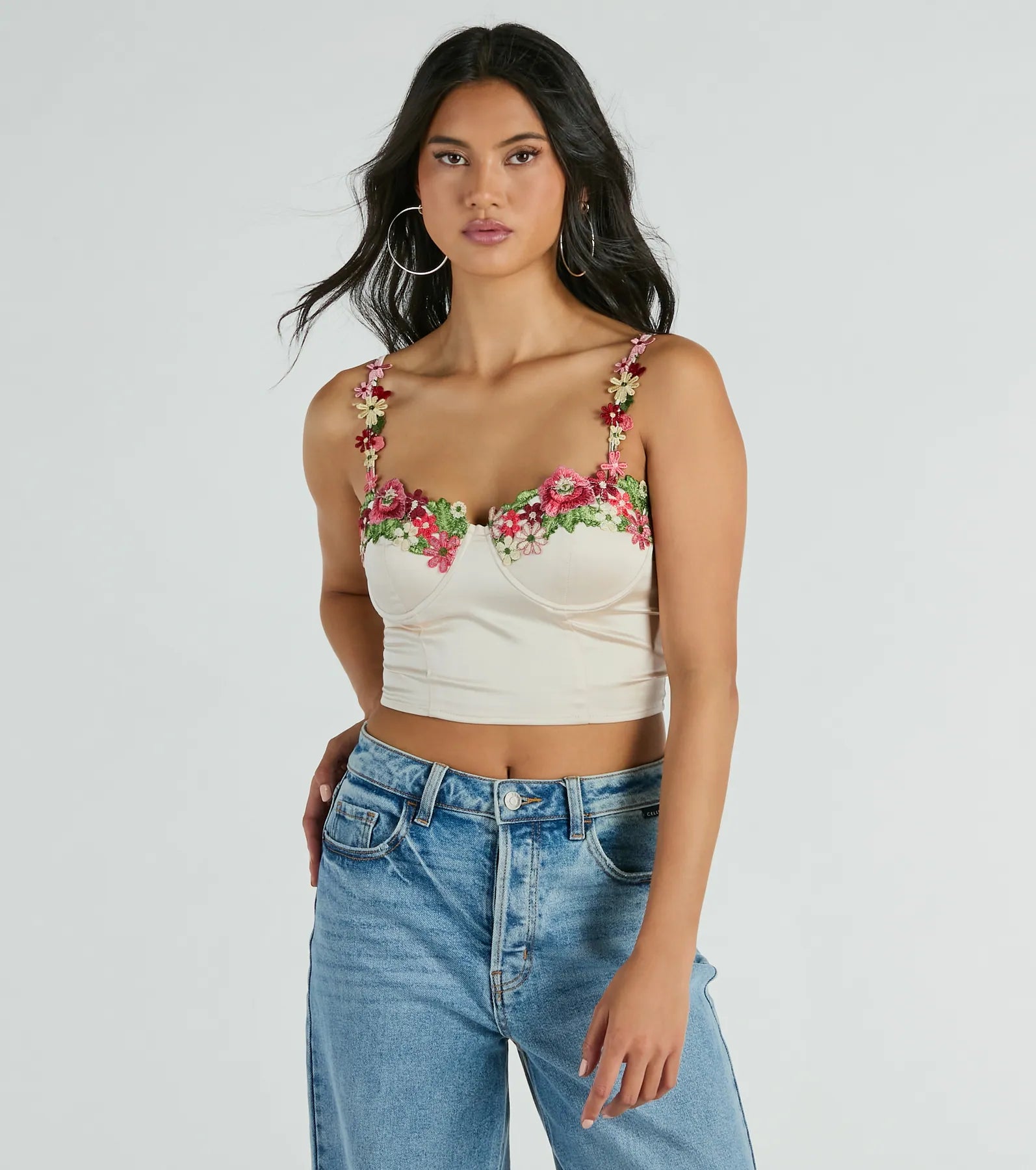 Flourish In Style Floral Applique Satin Crop Top Solid Color Striped Floral