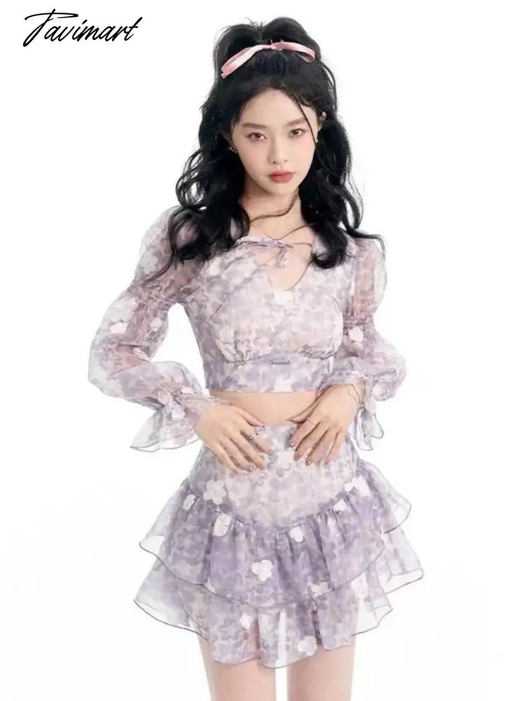 Tavimart Women Purple Blouse+cake Dress 2 Piece Set Summer Elegant Mesh Long Sleeve Crop Top Y2k Suit Korean Sweet Mini Skirt Suit Mesh Fabric Canvas Fabric Denim Fabric