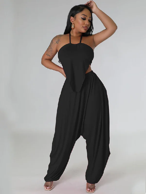 Tie Up Backless Crop Top & Harem Long Pants Denim Fabric Leather Fabric Suede Fabric