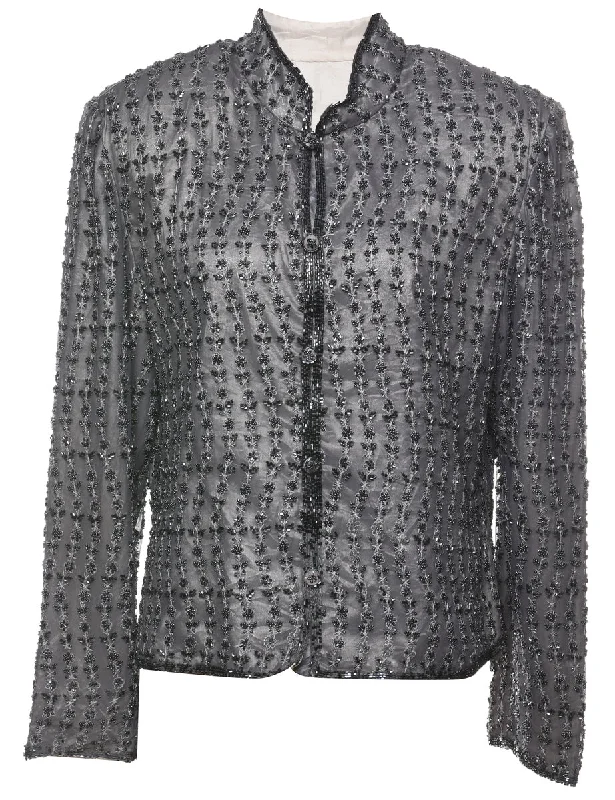 Beaded Grey Floral Evening Jacket - L Rayon Fabric Velvet Fabric Corduroy Fabric