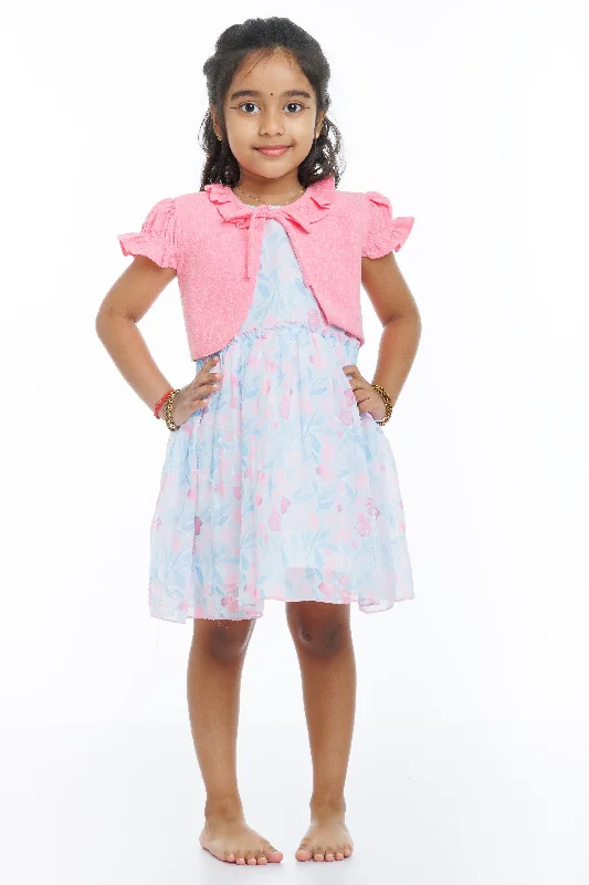 Blushing Petals Pink Frock with Sheer Floral Jacket for Girls Collared Jacket Crew Neck Jacket Turtle Neck Jacket