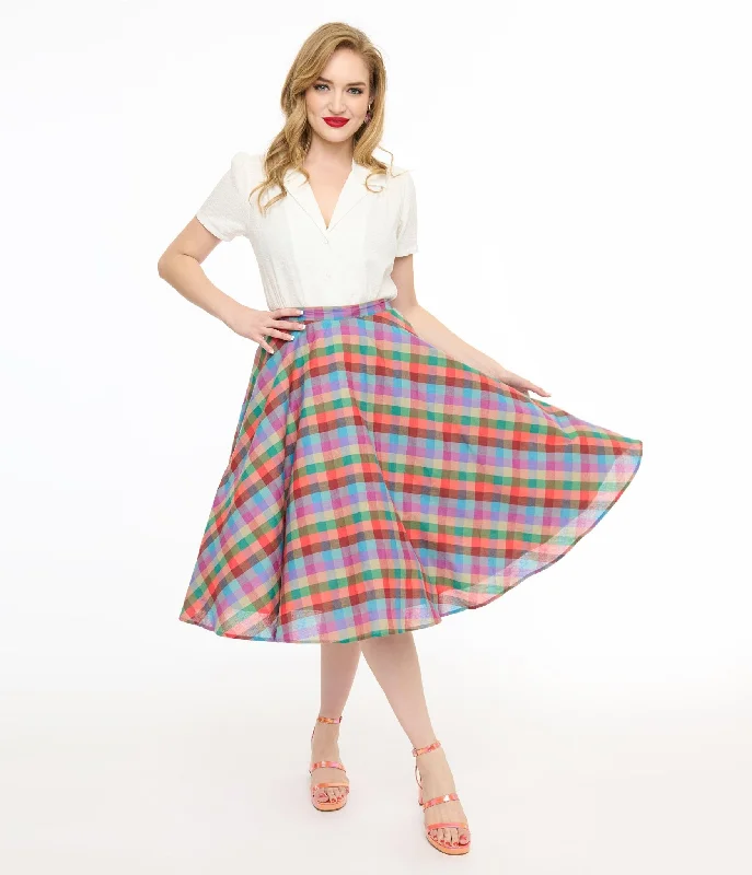 Magnolia Place 1950s Multicolor Madras Plaid Cotton Sally Swing Skirt elastic waist skirt