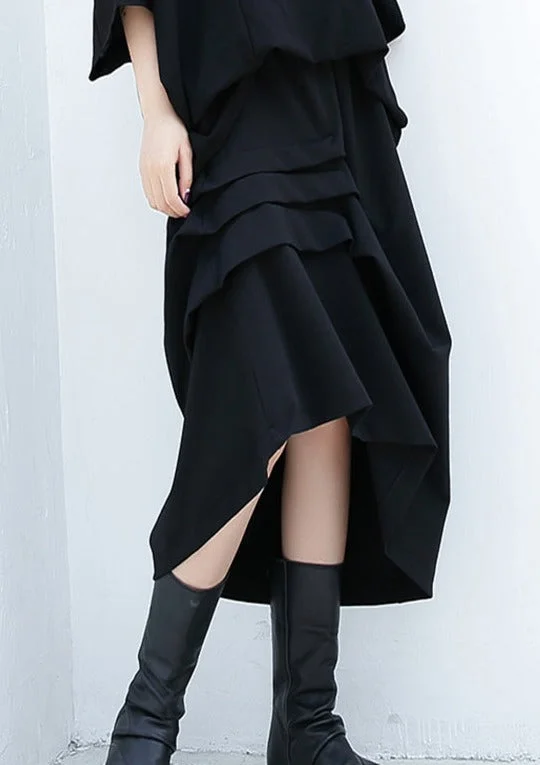 black casual cotton blended skirts loose one side drawstring elastic waist aline skirts linen skirt breathable