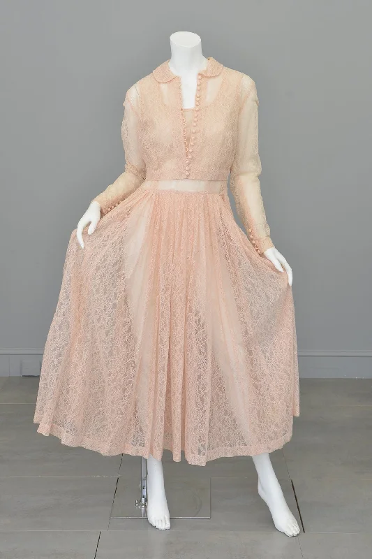 1940s 50s Sheer Light Pink Embroidered Lace Victorian Style Jacket Blouse Snapped Jacket Toggled Jacket Drawstring Jacket