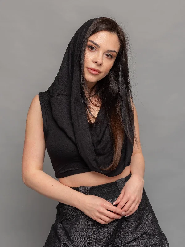 Yara - Women's Hooded Crop Top Chenille Fabric Brocade Fabric Lace Fabric