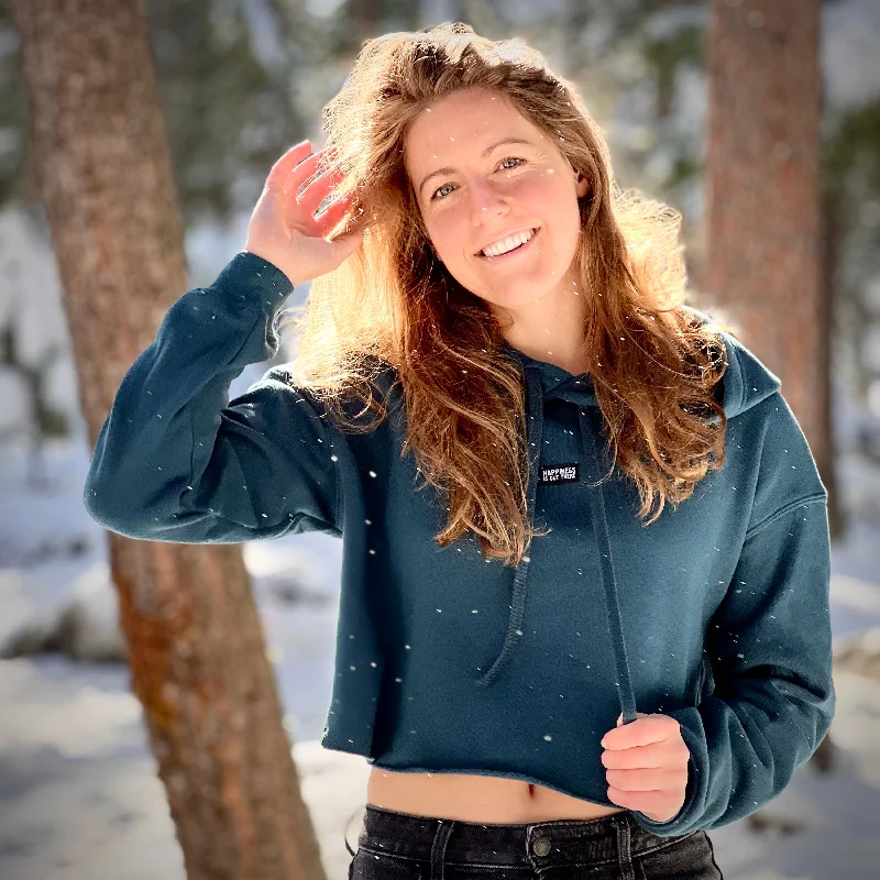 Crop Top Hoodie w / Happiness Is Out There Label Front Pockets Side Pockets Patch Pockets