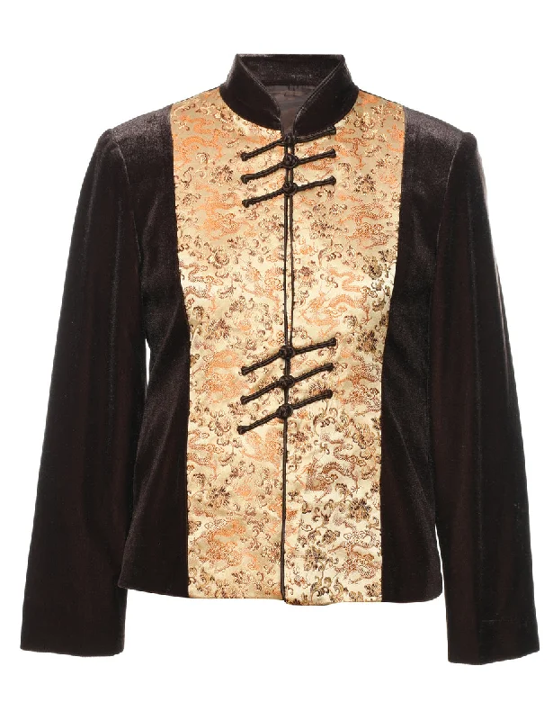 Velour Beige & Brown Contrast Brocade Evening Jacket - M Satin Jacket Silk Jacket Chiffon Jacket