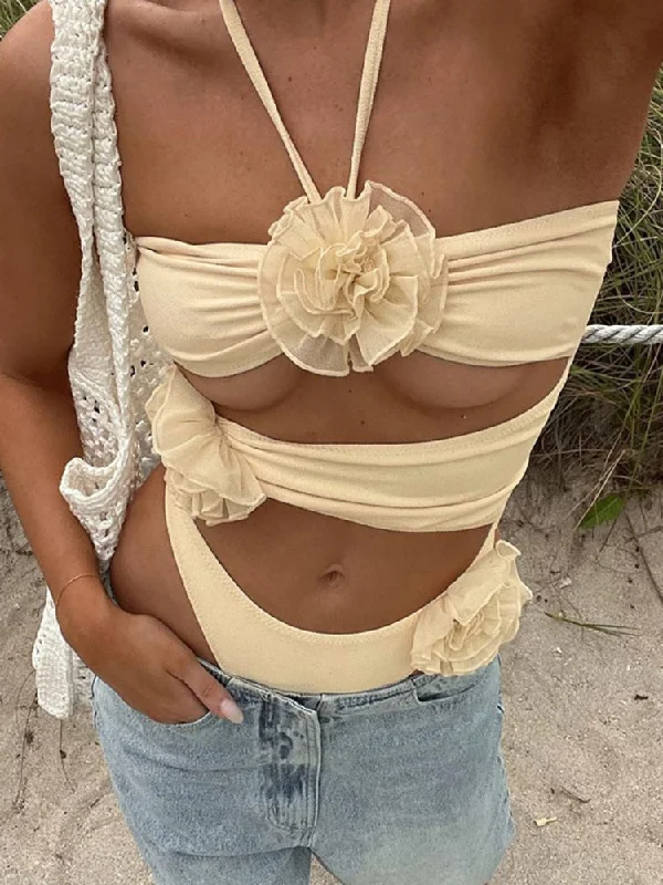 Hollow Out Flower Design Sexy Bodysuit Women New Halter Sleeveless Skinny Bodysuits Ladies Club Party Tops Clothes Trendy Transparent Bodysuit