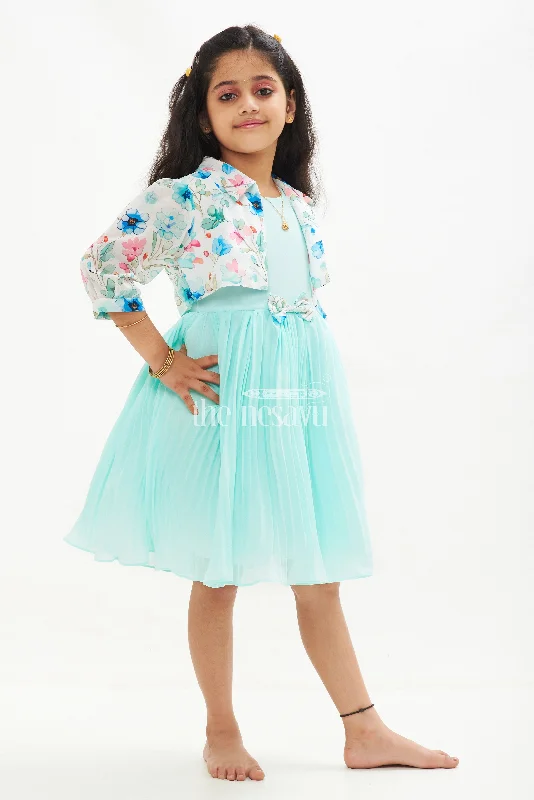 Sky Blue Georgette Pleated Frock with Floral Jacket for Girls Anorak Shell Jacket Lightweight Jacket