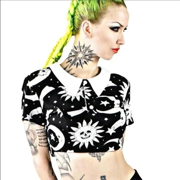 Collared Crop Top | Cozmic Death Goth Black DEAD STOCK Crop Top Collared Crew Neck Turtle Neck