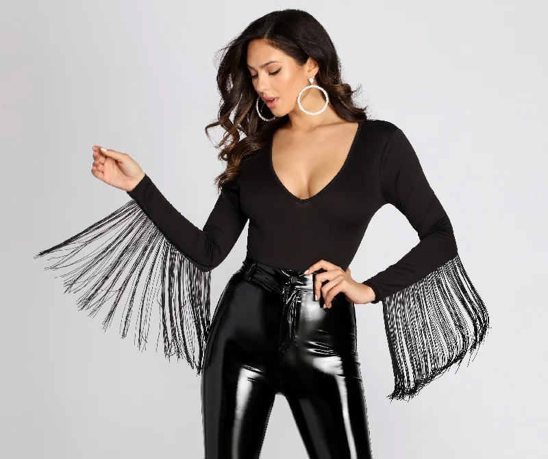Stevie Fringe Long Sleeve Bodysuit Chic Bodysuit with Ruffles