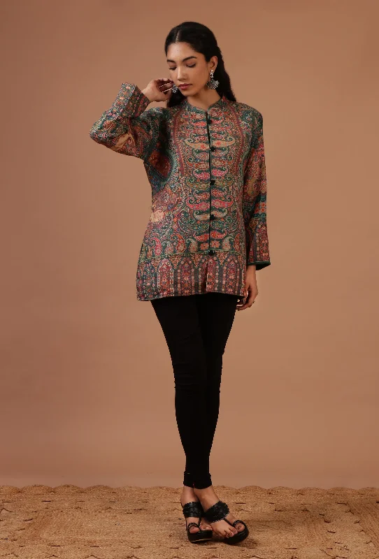 Mineral Green & Multicolor Kani Embroidered Short Jacket Fitted Jacket Loose Jacket Oversized Jacket