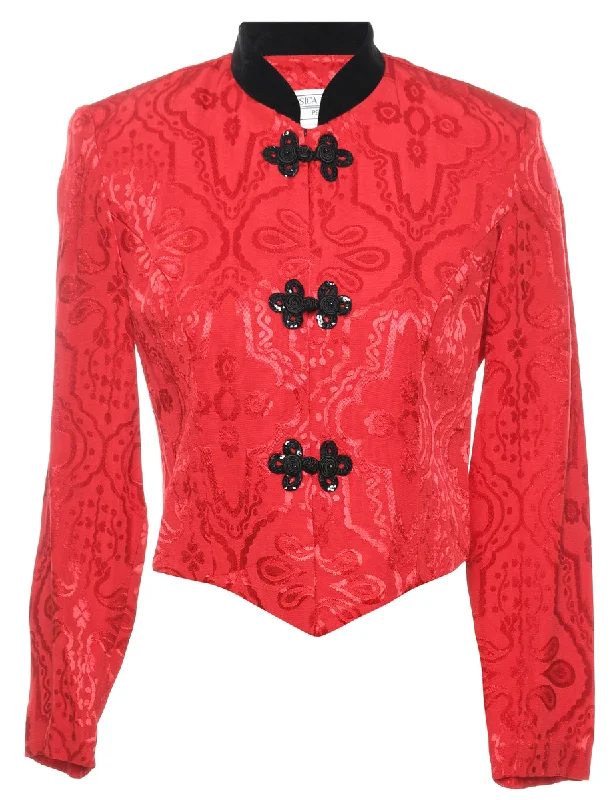 Jacquard Design Red & Black Contrast Collar Evening Jacket - S Denim Fabric Leather Fabric Suede Fabric