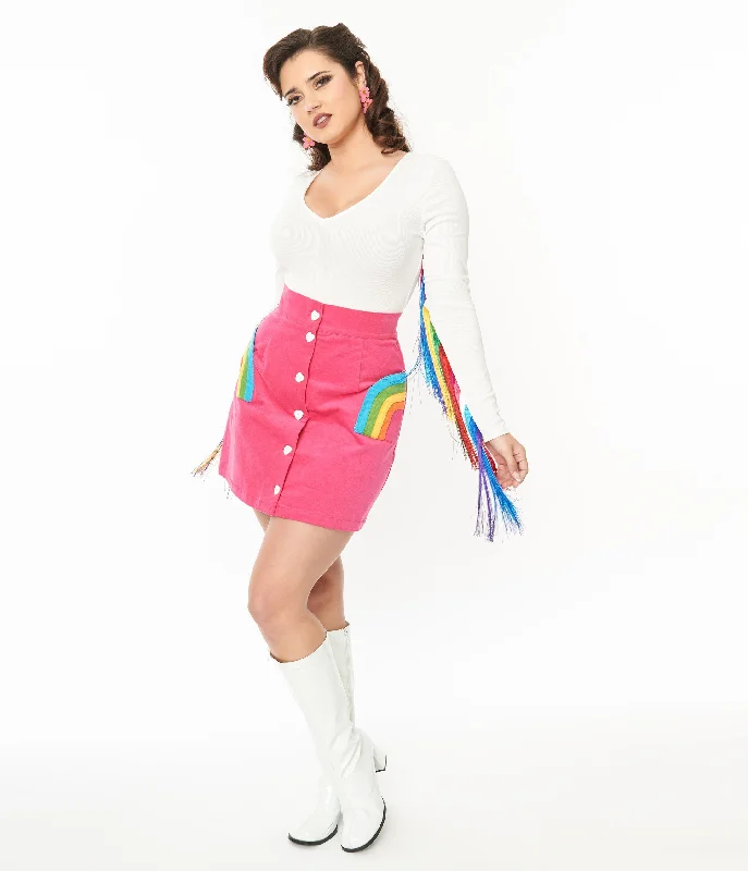Smak Parlour Hot Pink & Rainbow Match Game Mini Skirt high slit skirt