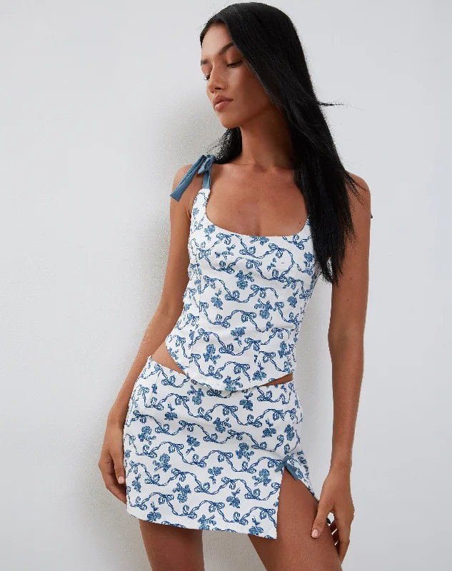 Yatri Mini Skirt in a Blue and White Ribbon Print leather skirt bold