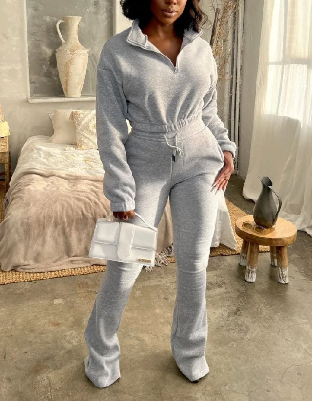 TP3250+TT8510P - FLEECE CROP TOP & STACK PANTS SET Notch Collar Peter Pan Collar Cowl Neck