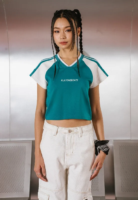 DRUM Select Slogan Crop Top- Dark Green Ribbed Striped Patterned