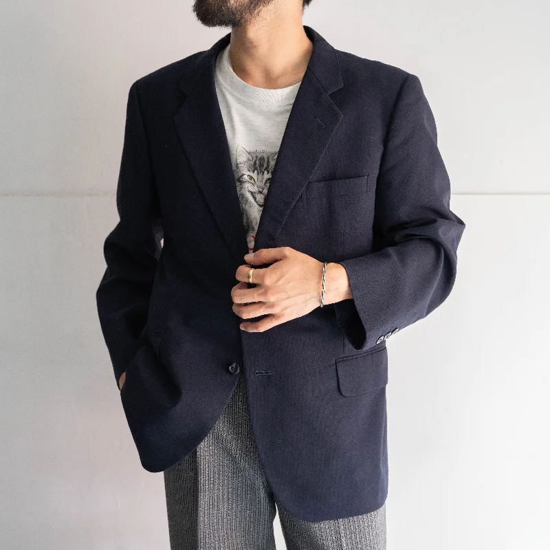around 1980s Japan vintage dark navy color poly tailored jacket Cotton Fabric Linen Fabric Terry Fabric
