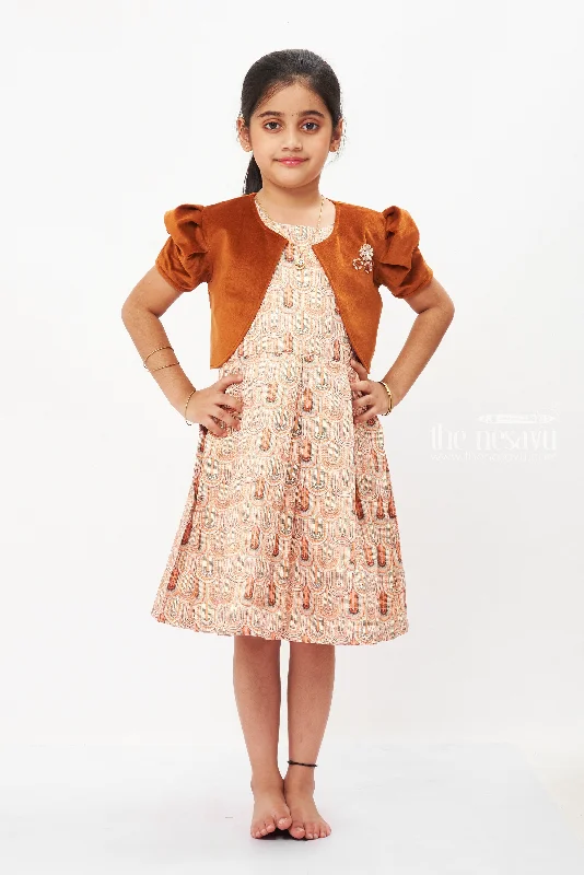 Elegant Rustic Charm Girls Cotton Frock with Embellished Velvet Jacket Zippered Jacket Buttoned Jacket Snapped Jacket