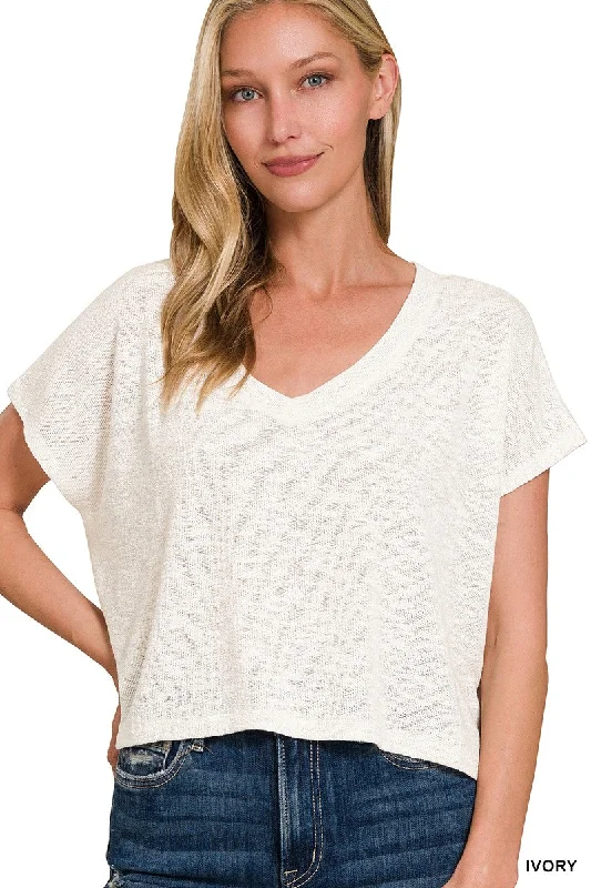 V-NECK DROP SHOULDER SHORT SLEEVE CROP TOP in IVORY Hooded Caped Shawl Collar