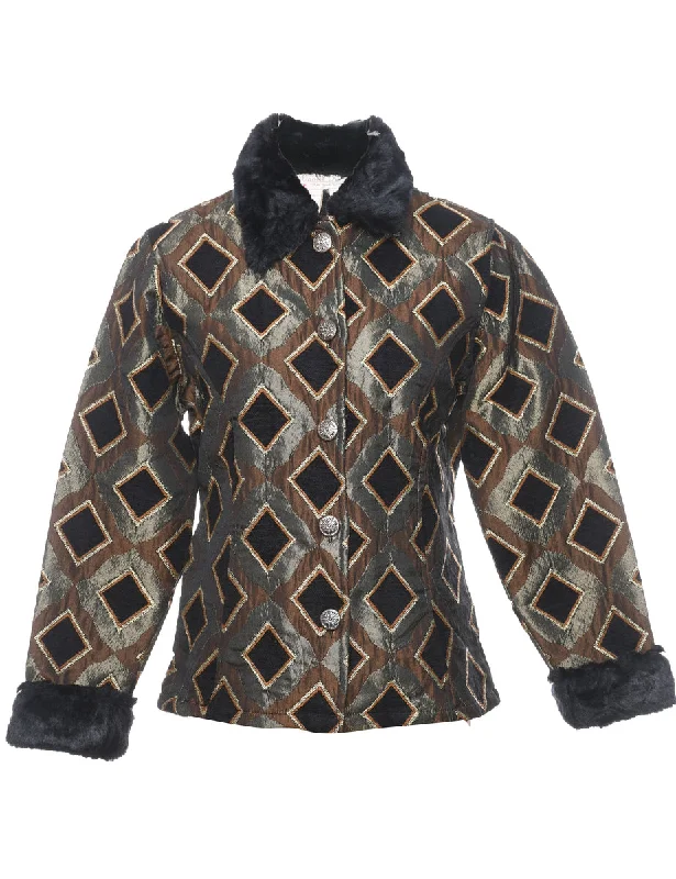 Geometric Pattern Metallic Contrast Trim Evening Jacket - S Fleece Jacket Down Jacket Feather Jacket