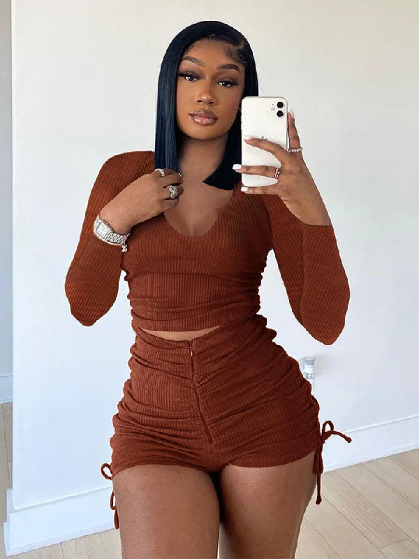 Two Piece Bodycon Ruched Crop Top & Shorts Terry Blend Velvet Blend Canvas Blend