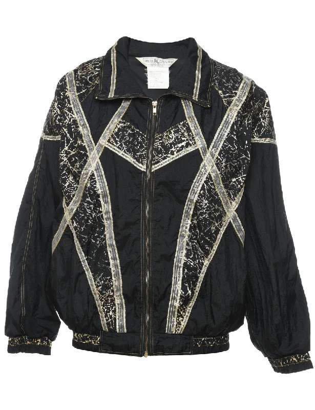 Black & Silver Patterned Nylon Jacket - S Zippered Front Buttoned Front Snap Front