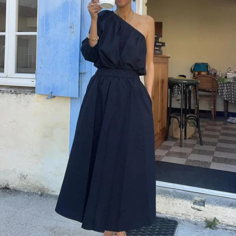 Oblique Shoulder Tops Mid-length Skirt Suit Two-piece Set high slit skirt